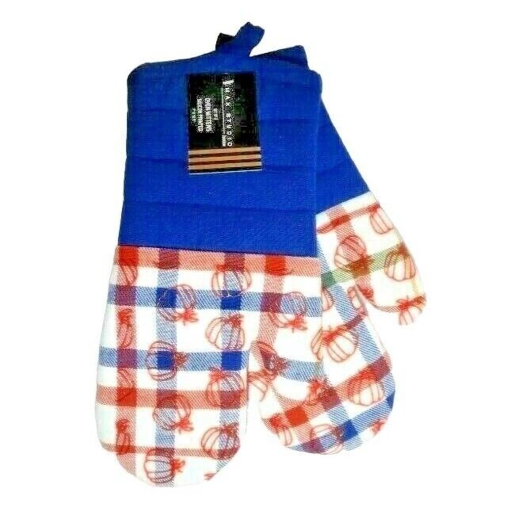 Max Studio Pumpkin Print Oven Mitts 2-pc Cotton Silicone Blue Red Orange White